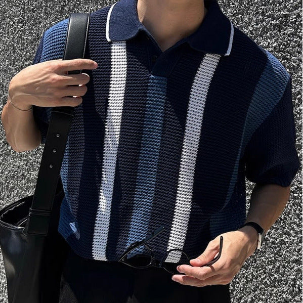 Men Striped Openwork Knit Shirt