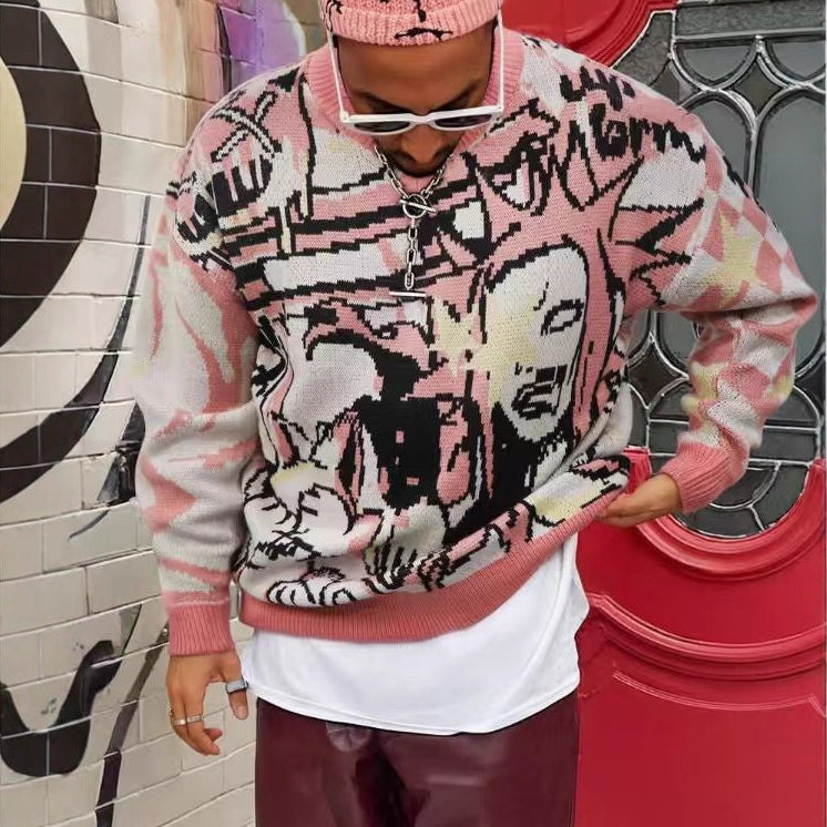 Streetwear Cartoon Jacquard Knit Pullover