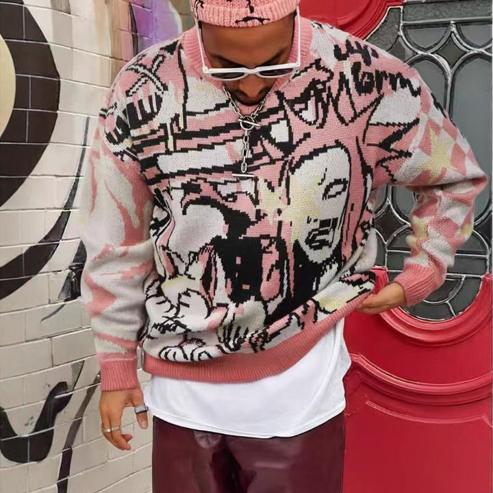 Streetwear Cartoon Jacquard Knit Pullover