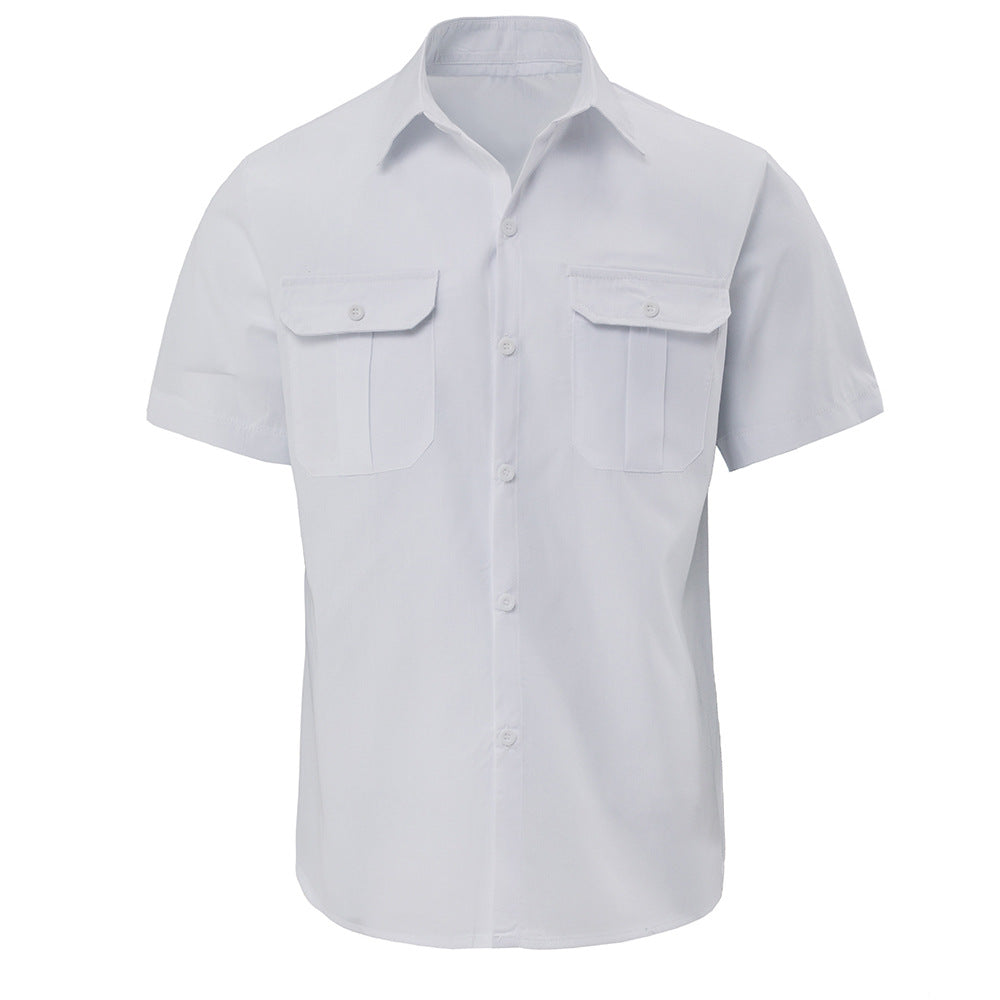 Solid color short-sleeved shirt with double pockets