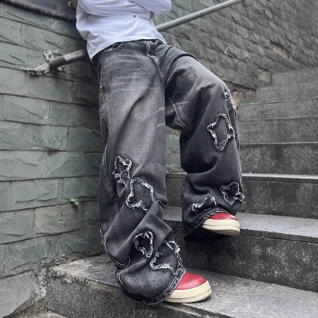 Star-patch washed distressed jeans