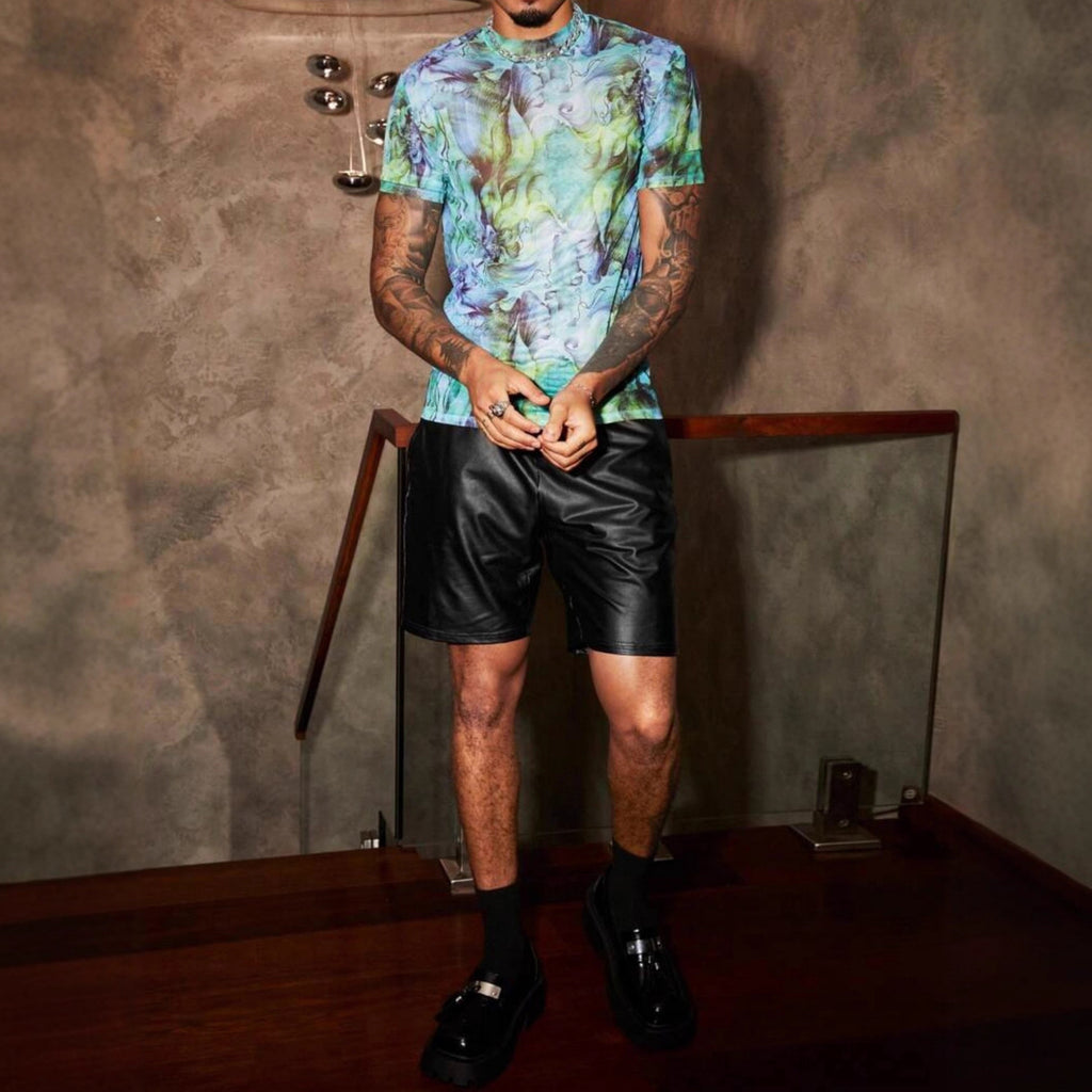 Men's loose-fit wide-leg leather shorts