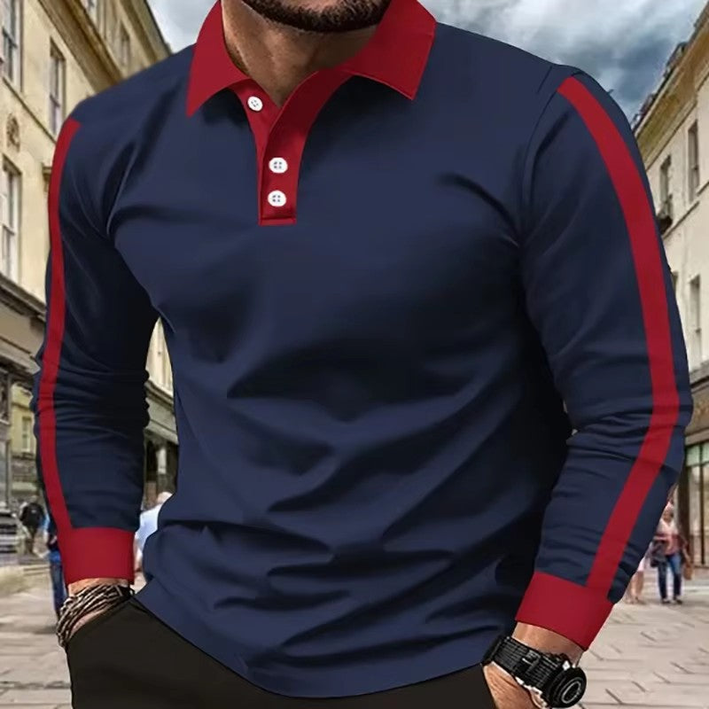 Color-blocked long-sleeved polo shirt