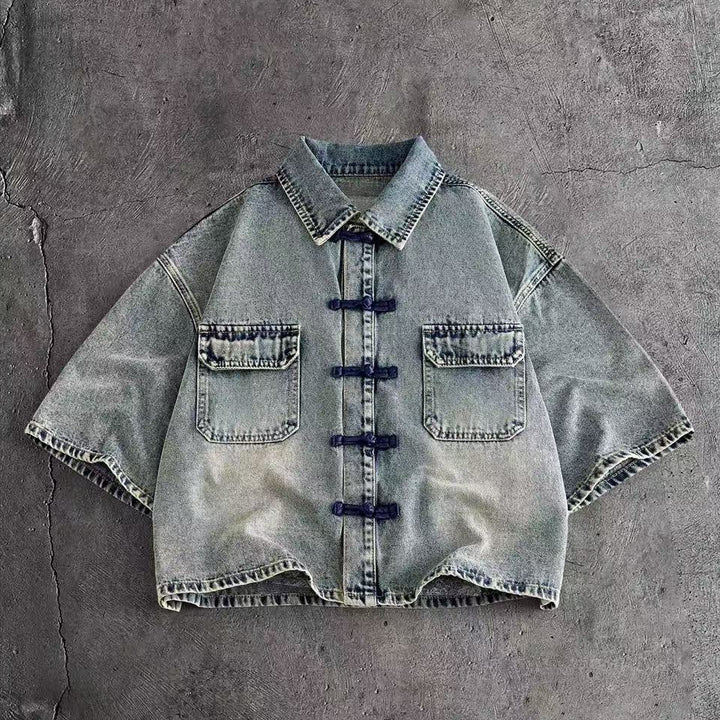 Frog Button Cropped Denim Short Sleeve Shirt