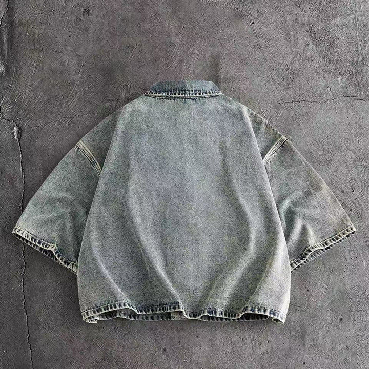 Frog Button Cropped Denim Short Sleeve Shirt