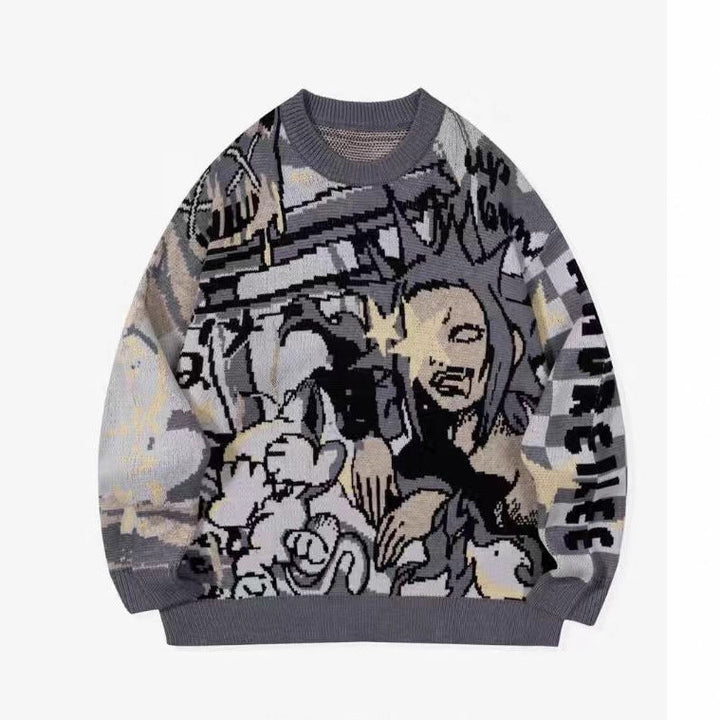 Streetwear Cartoon Jacquard Knit Pullover