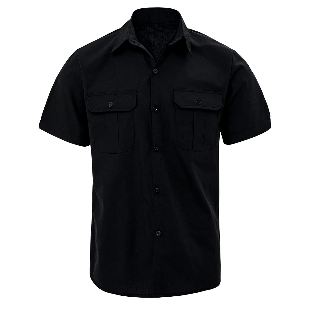 Solid color short-sleeved shirt with double pockets