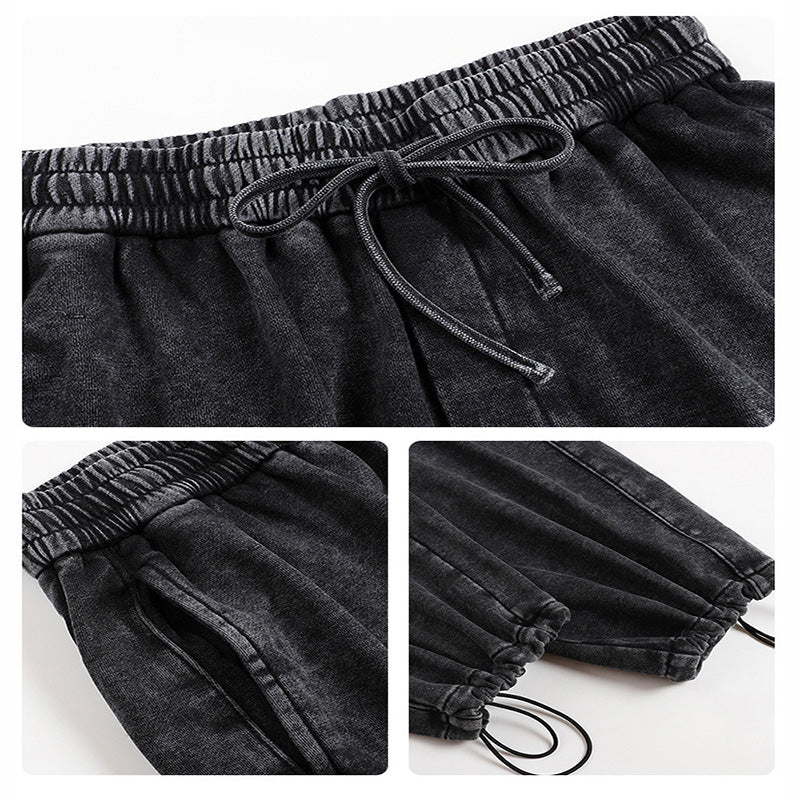 Washed Drawstring Wide-Leg Casual Trousers