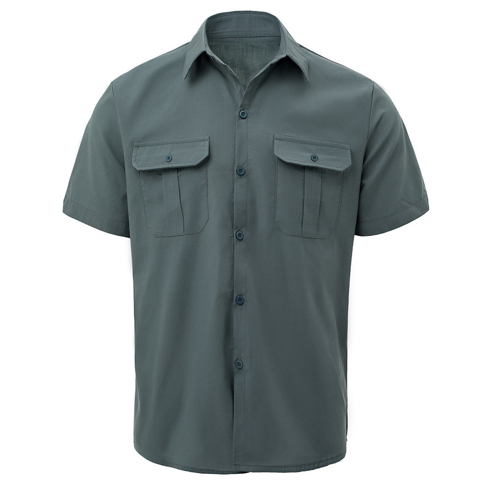 Solid color short-sleeved shirt with double pockets