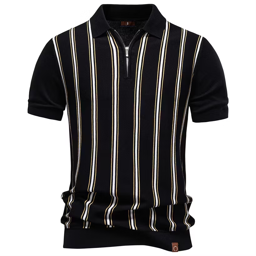 Men's Striped Zip-Up Knit Polo Shirt