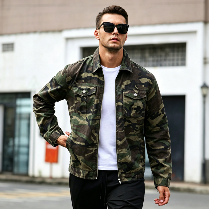 Trendy Men Camo Print Denim Cargo Jacket