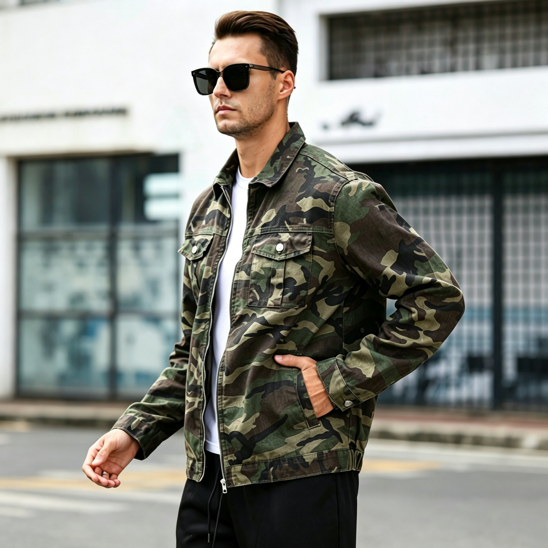 Trendy Men Camo Print Denim Cargo Jacket