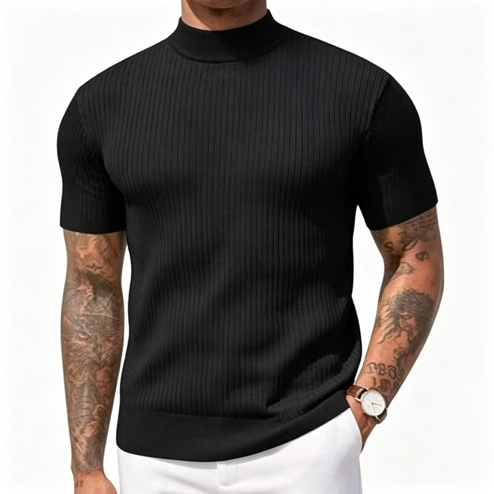 Mock Neck Short Sleeve Ribbed Knit Shirt