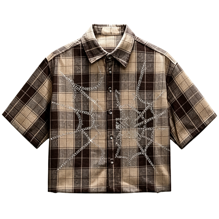 Spider Print Plaid Short Sleeve Button Shirt
