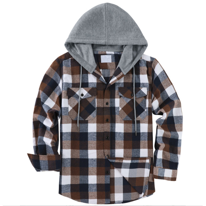 Hooded Plaid Long Sleeve Button Shirt