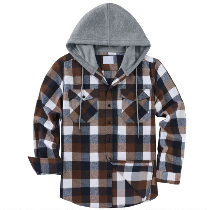 Hooded Plaid Long Sleeve Button Shirt