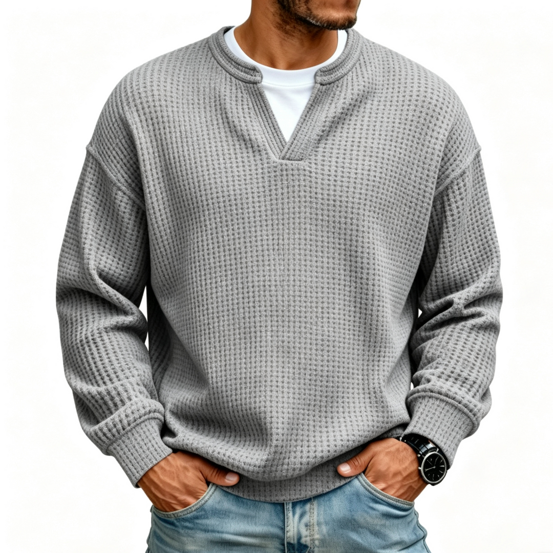 Men Solid Waffle Knit V Neck Shirt