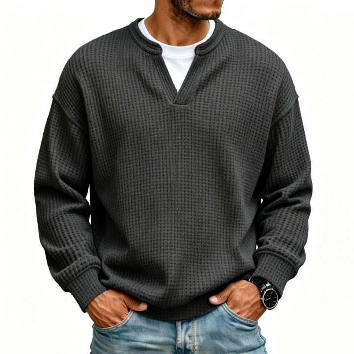 Men Solid Waffle Knit V Neck Shirt