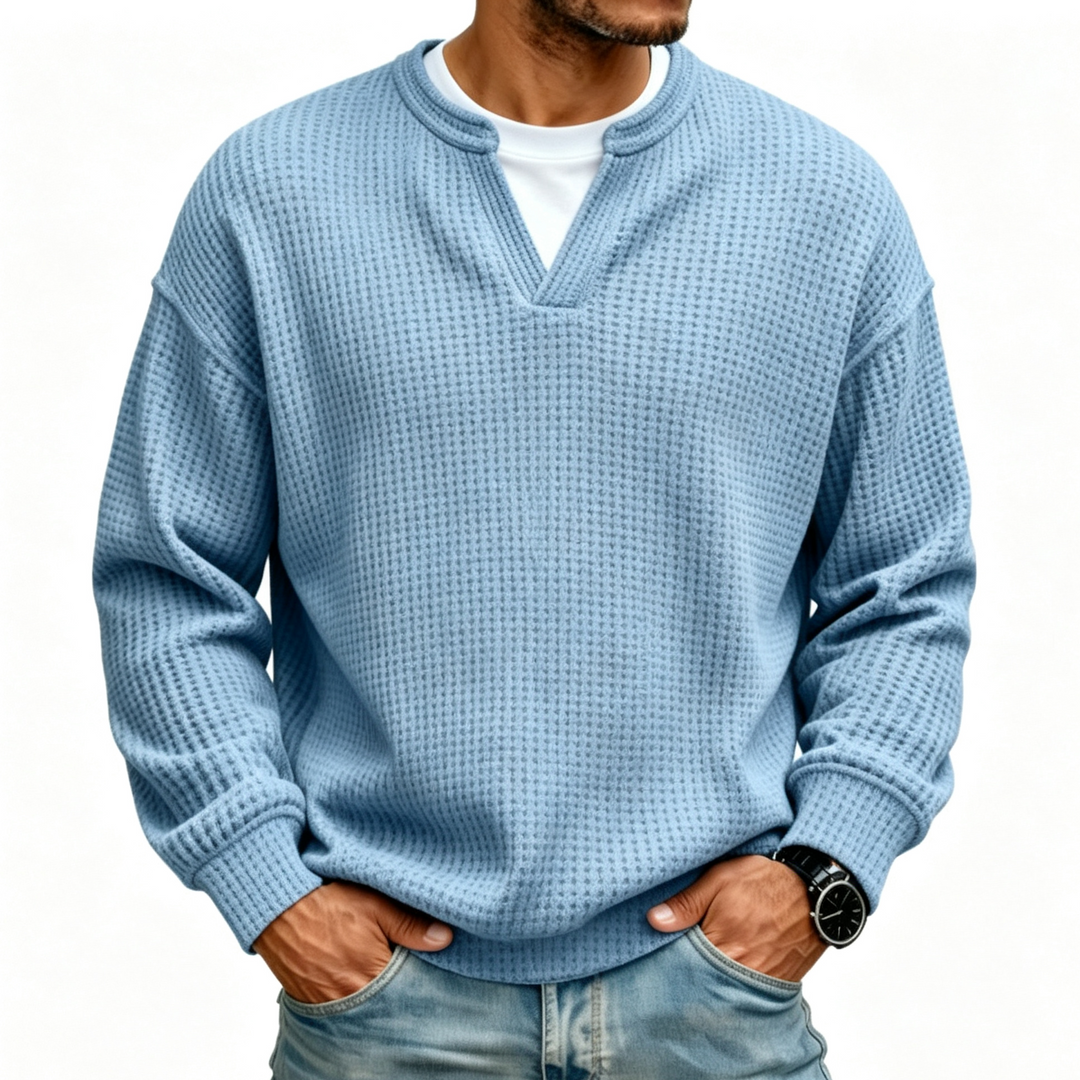 Men Solid Waffle Knit V Neck Shirt