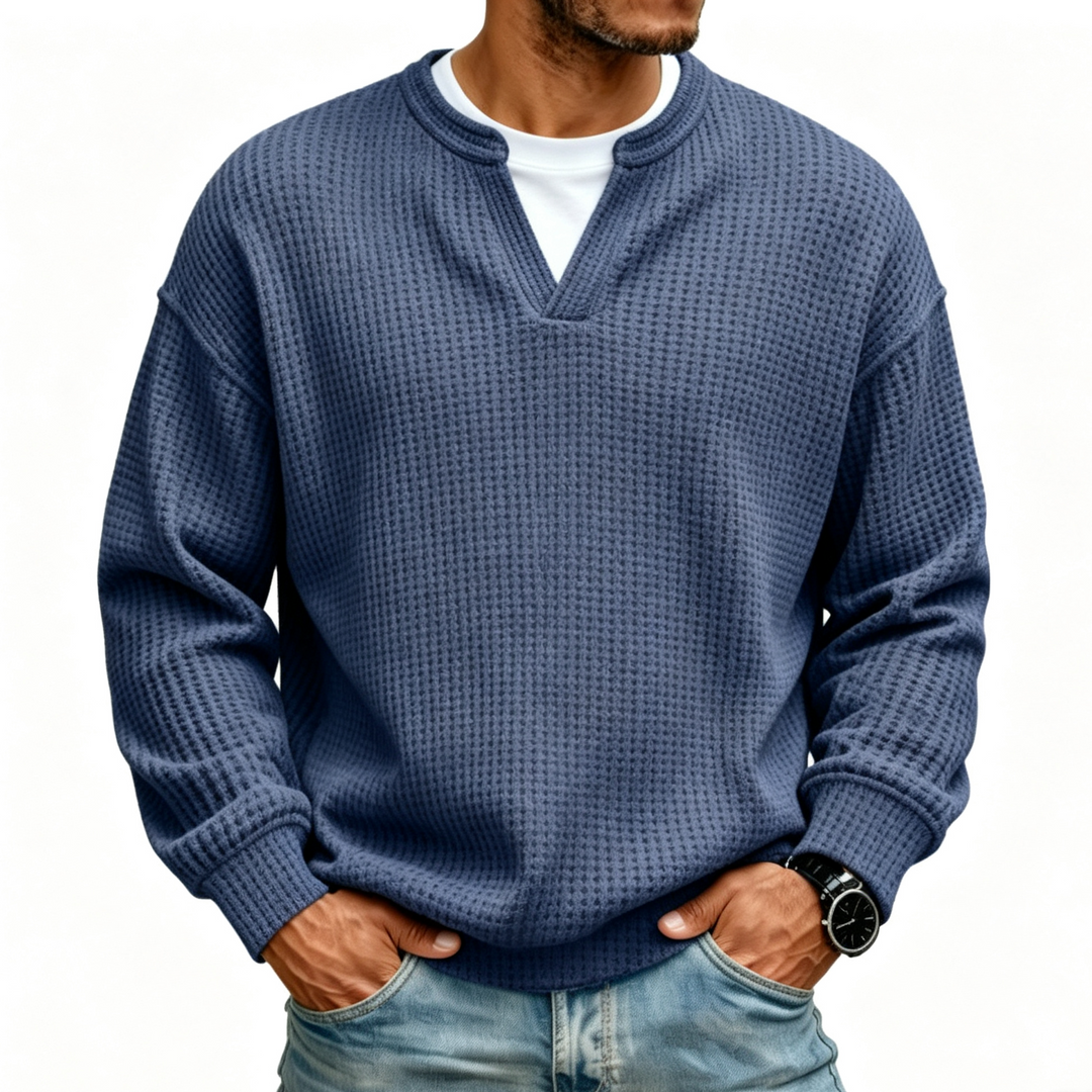 Men Solid Waffle Knit V Neck Shirt