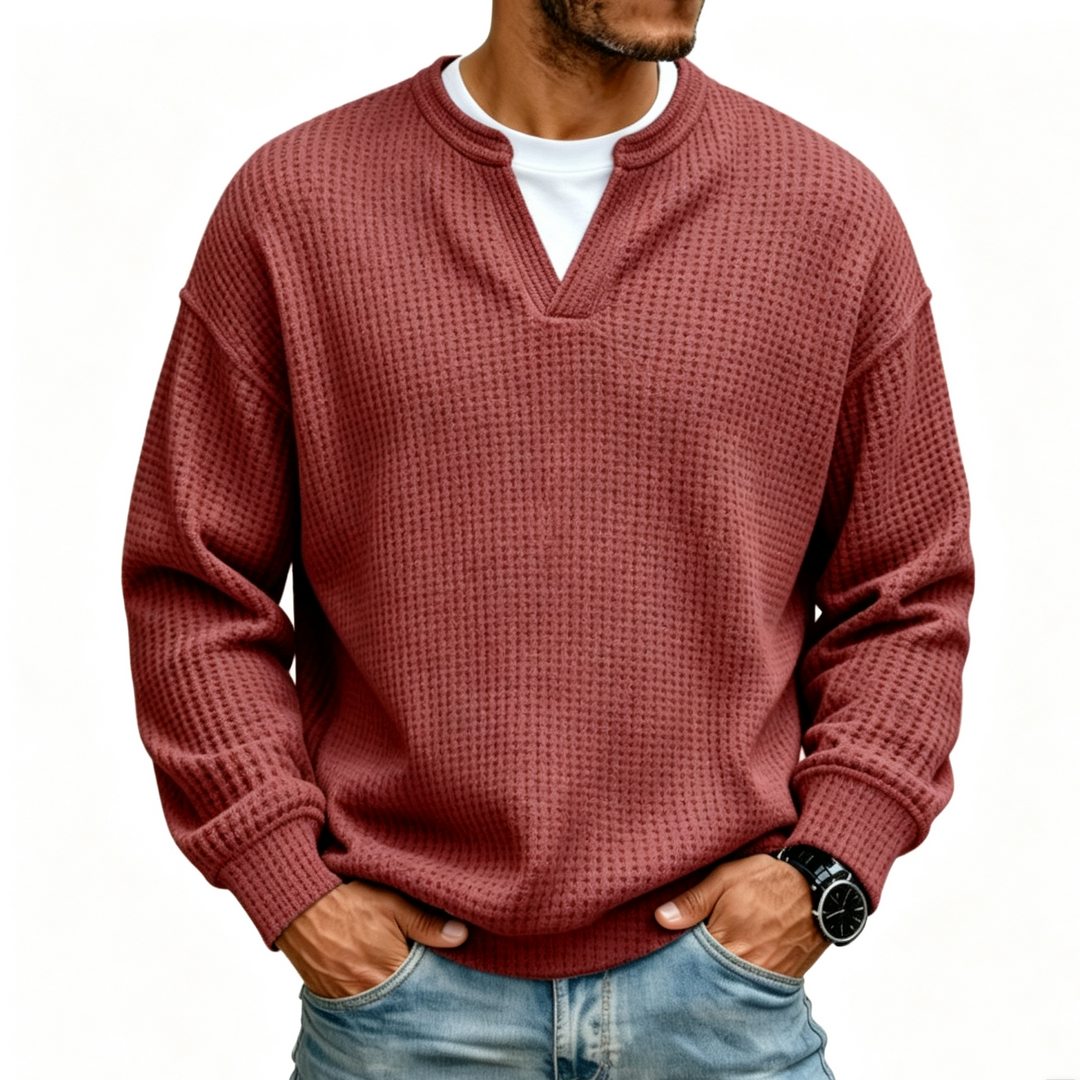 Men Solid Waffle Knit V Neck Shirt