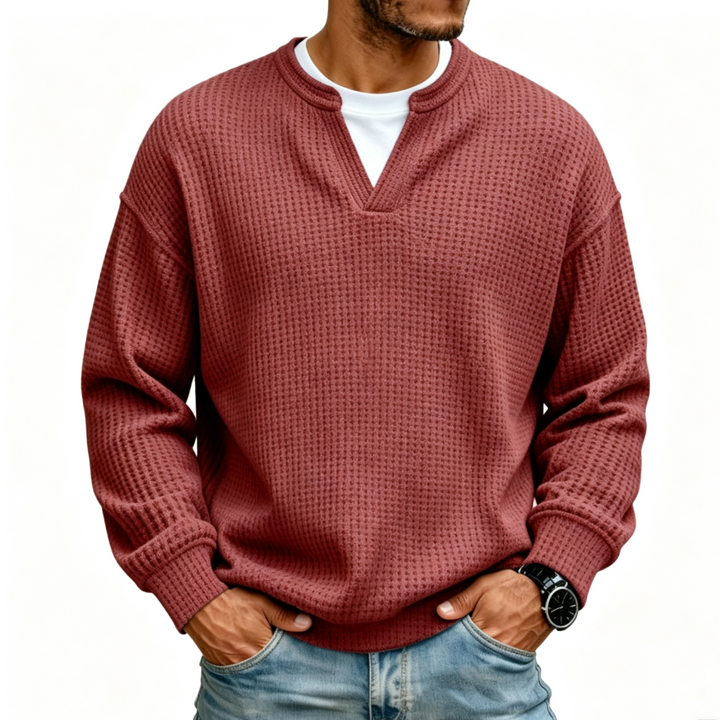 Men Solid Waffle Knit V Neck Shirt