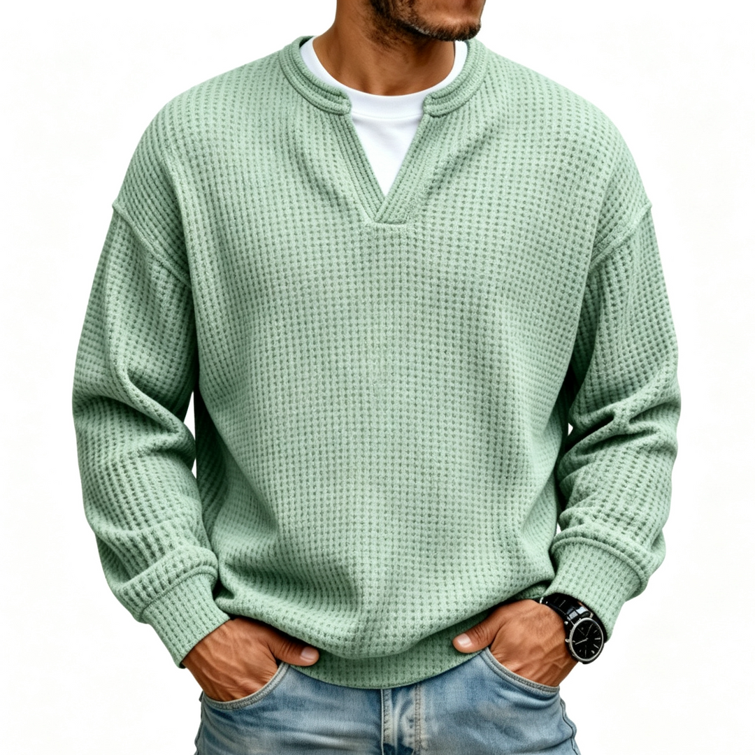 Men Solid Waffle Knit V Neck Shirt