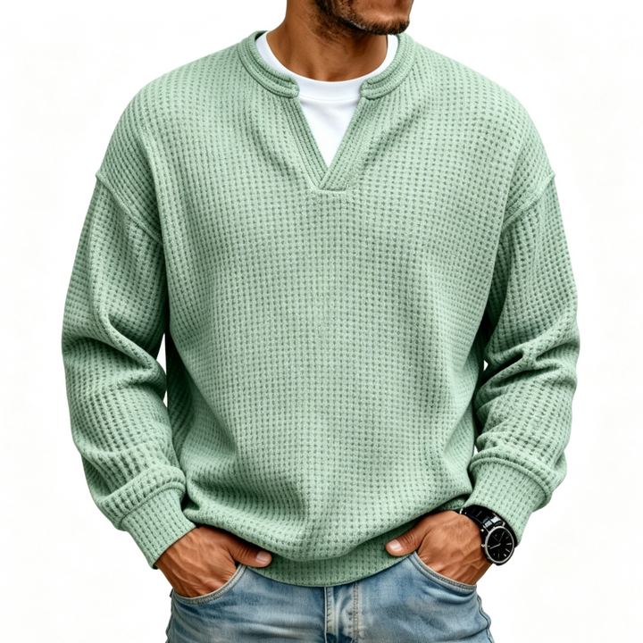 Men Solid Waffle Knit V Neck Shirt