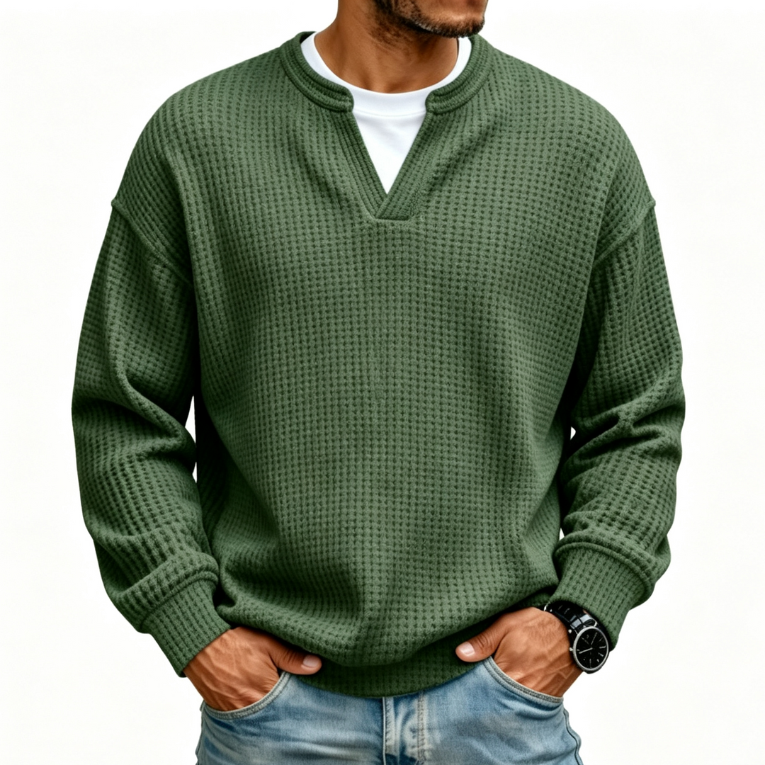 Men Solid Waffle Knit V Neck Shirt