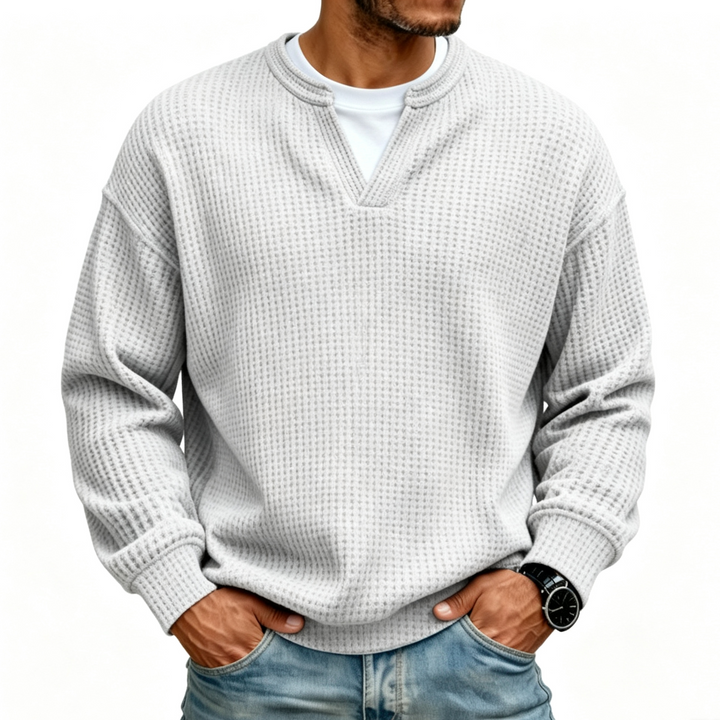Men Solid Waffle Knit V Neck Shirt