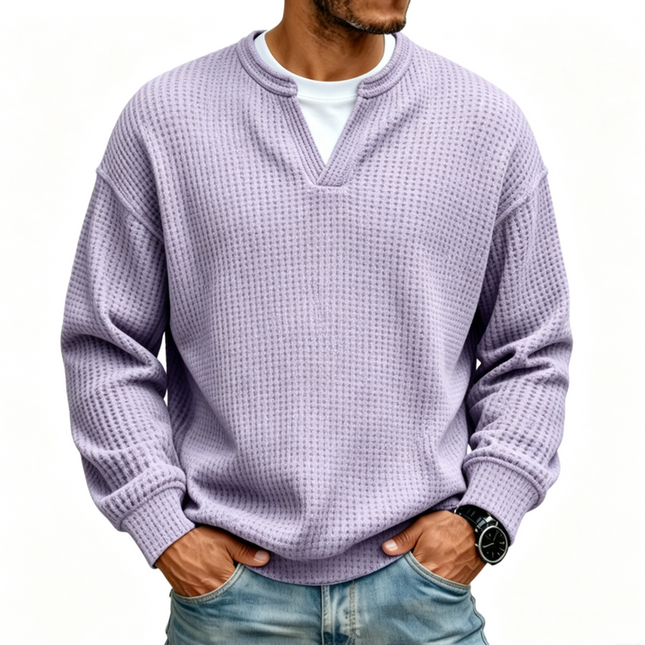 Men Solid Waffle Knit V Neck Shirt