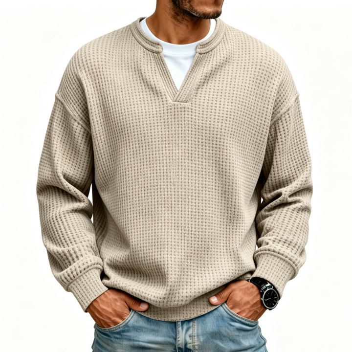 Men Solid Waffle Knit V Neck Shirt