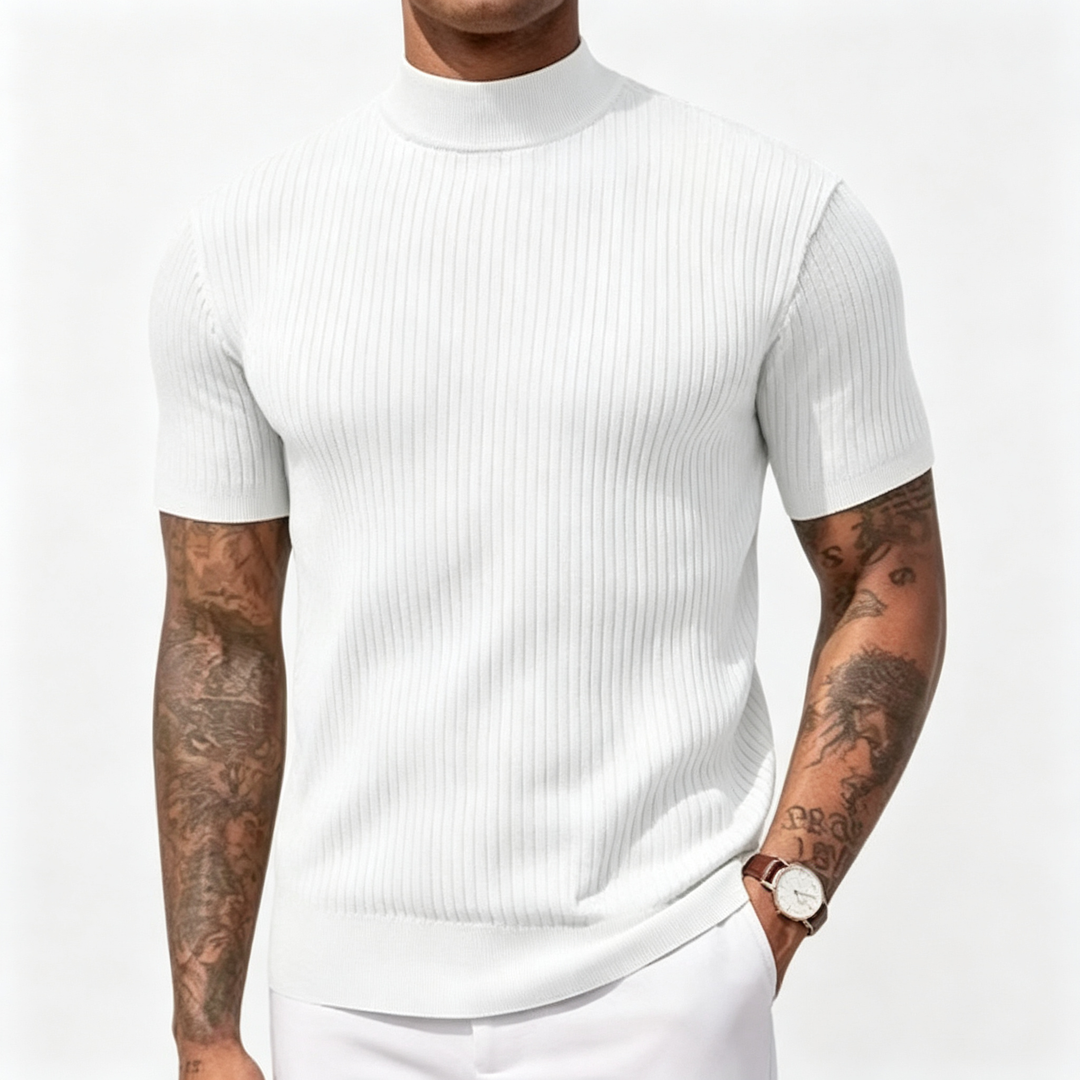 Mock Neck Short Sleeve Ribbed Knit Shirt