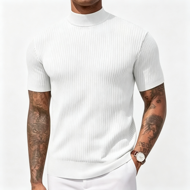 Mock Neck Short Sleeve Ribbed Knit Shirt