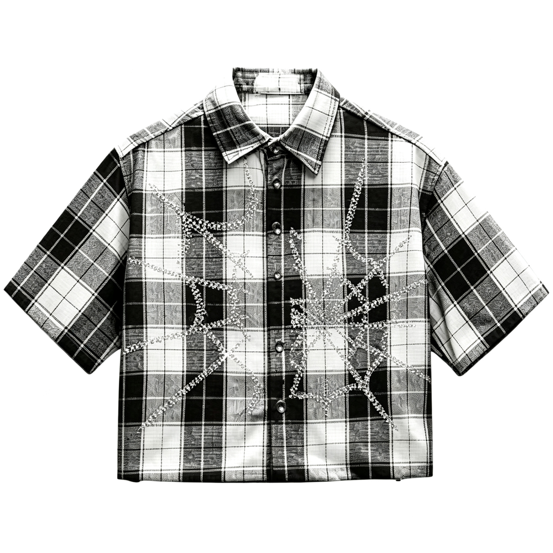 Spider Print Plaid Short Sleeve Button Shirt