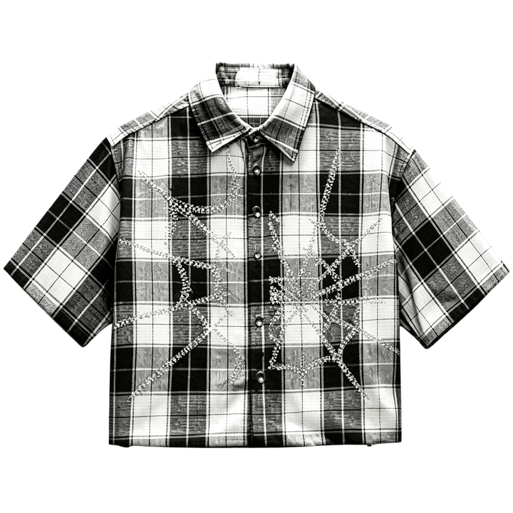 Spider Print Plaid Short Sleeve Button Shirt