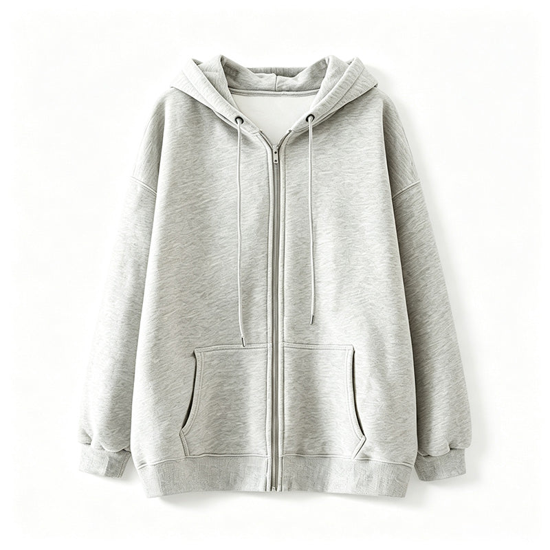 Loose-fit hooded zip-up jacket
