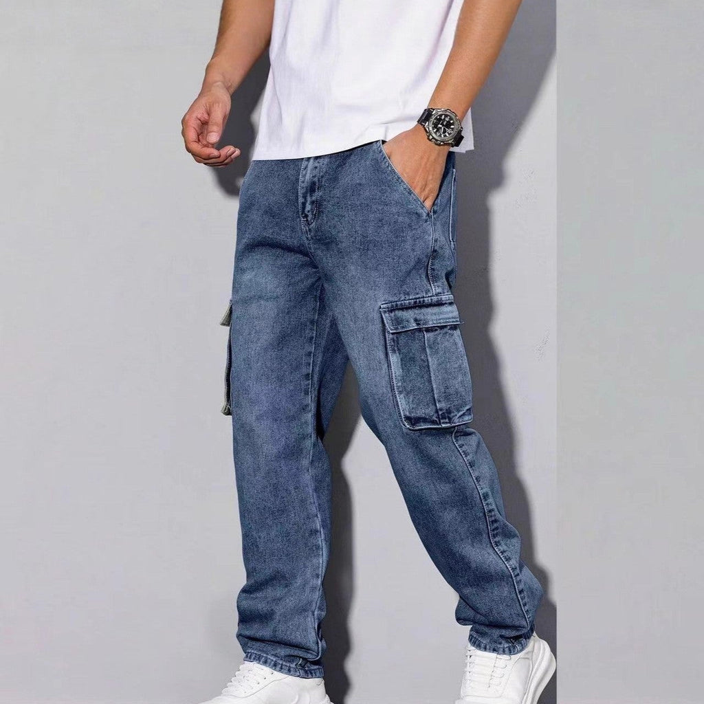 Men Solid Multi-Pocket Mid Waist Cargo Jeans