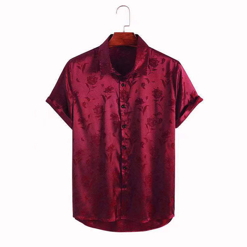 Men's Satin Jacquard Short-Sleeve Shirt with Collar