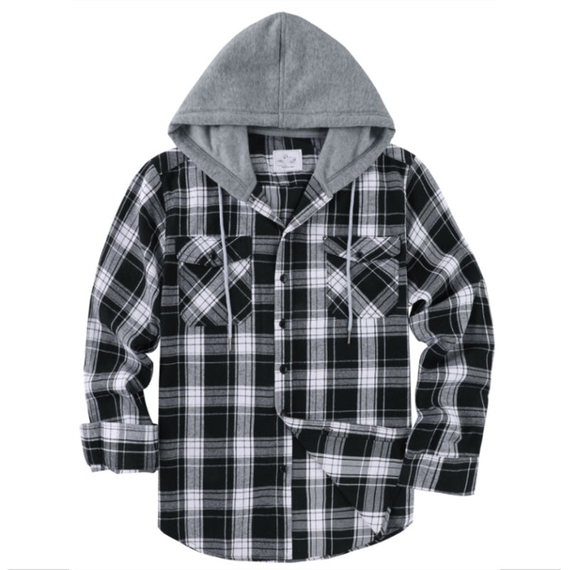 Hooded Plaid Long Sleeve Button Shirt