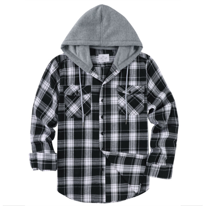Hooded Plaid Long Sleeve Button Shirt