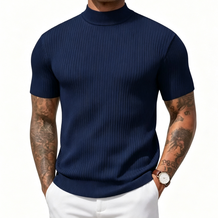 Mock Neck Short Sleeve Ribbed Knit Shirt