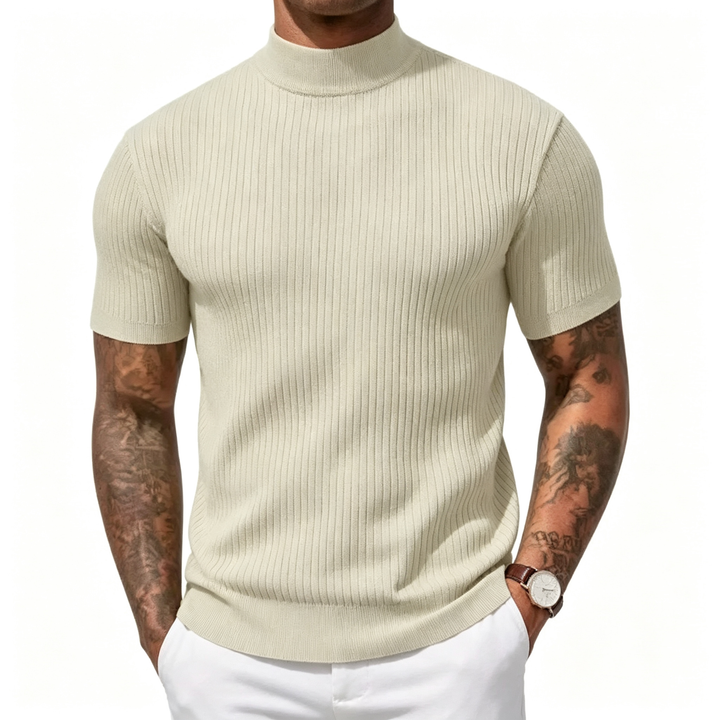 Mock Neck Short Sleeve Ribbed Knit Shirt