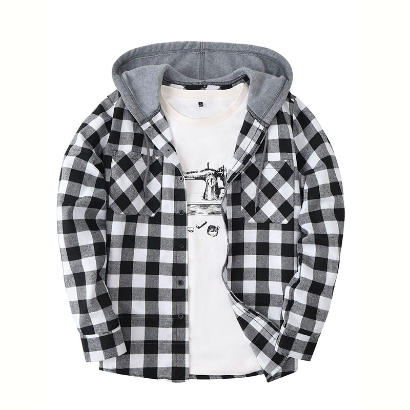Hooded Plaid Button Down Flannel Shirt