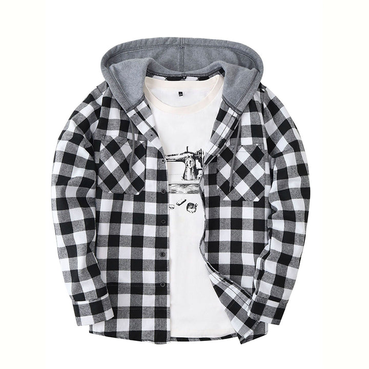 Hooded Plaid Button Down Flannel Shirt