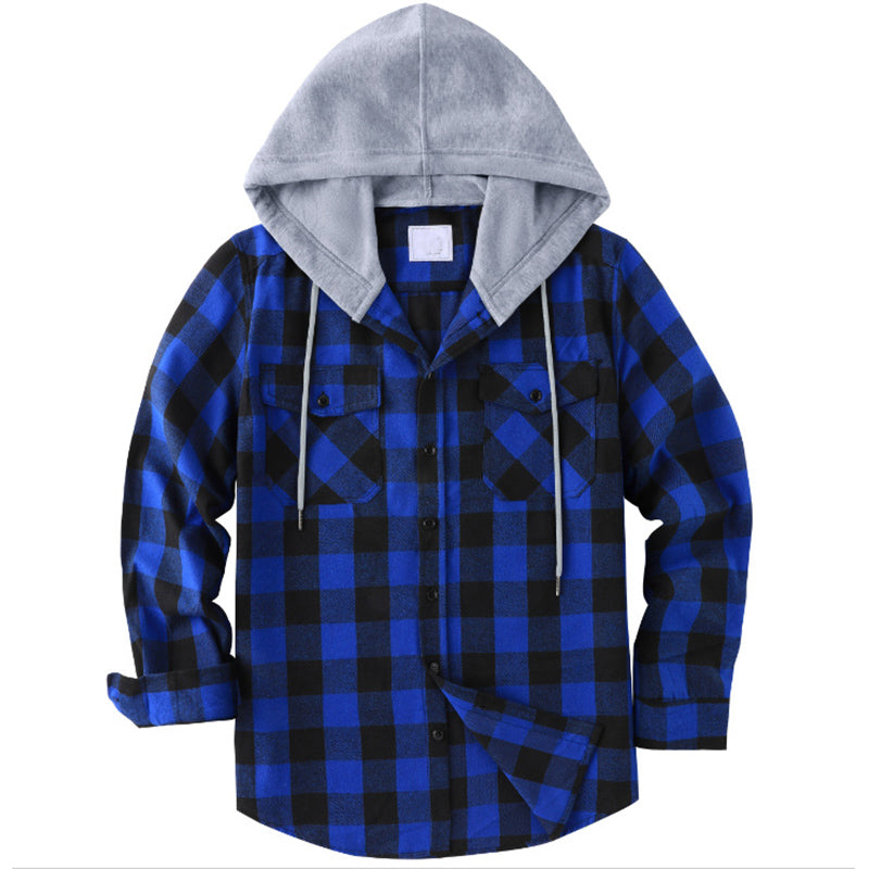 Hooded Plaid Long Sleeve Button Shirt