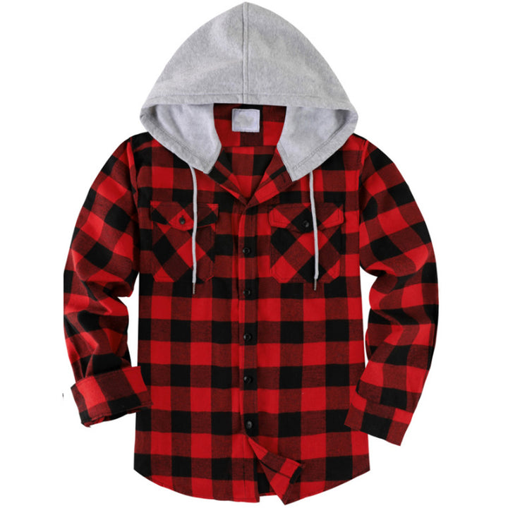 Hooded Plaid Long Sleeve Button Shirt