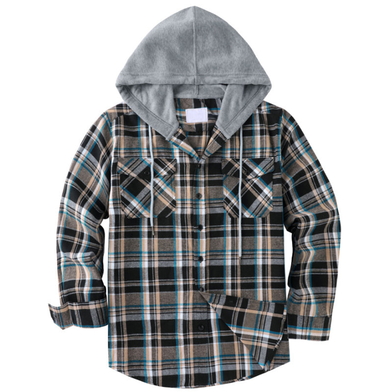 Hooded Plaid Long Sleeve Button Shirt