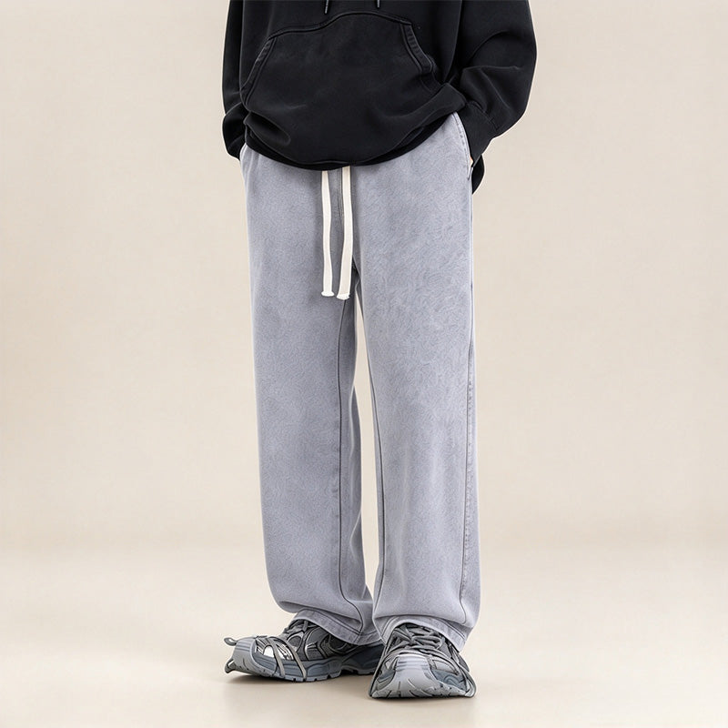 Washed Drawstring Wide-Leg Casual Trousers