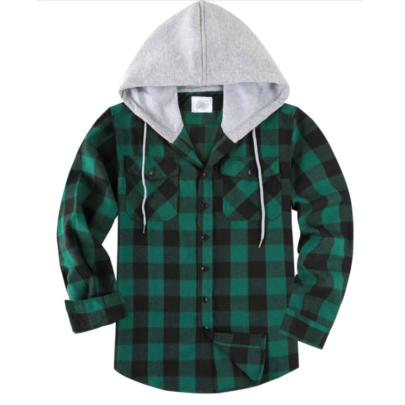 Hooded Plaid Long Sleeve Button Shirt